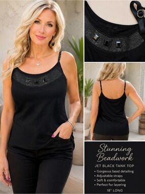 Jet Black Beaded Tank Top SZ 46